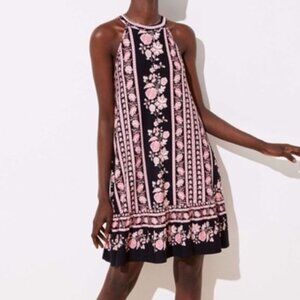 NWT LOFT | Border Floral Halter Swing Dress Black & Pink | Size Medium